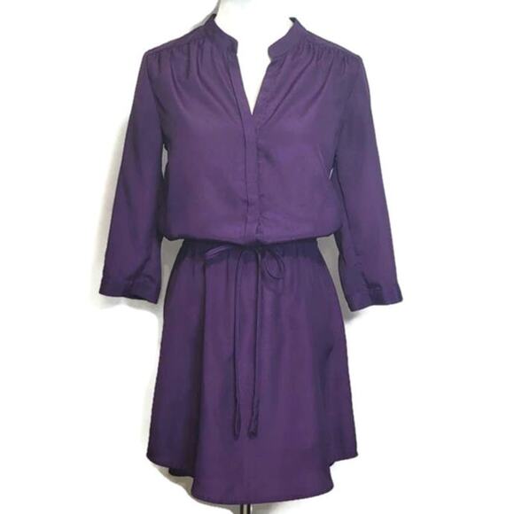 Aqua V Neck Long Sleeve Drawstring Tie Waist Purple Mini Dress Size S - Picture 1 of 13